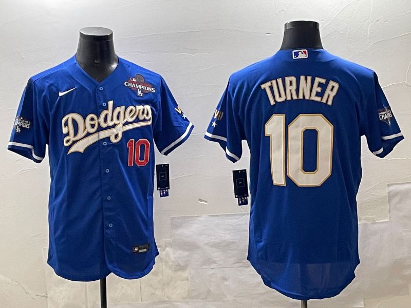 Men Los Angeles Dodgers 10 Turner Blue Gold Elite 2025 Nike MLB Jersey style 7